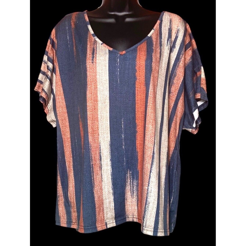 Emery Rose Short Sleeve Top Blue Beige Stripe VNeck Women's Size 2XL